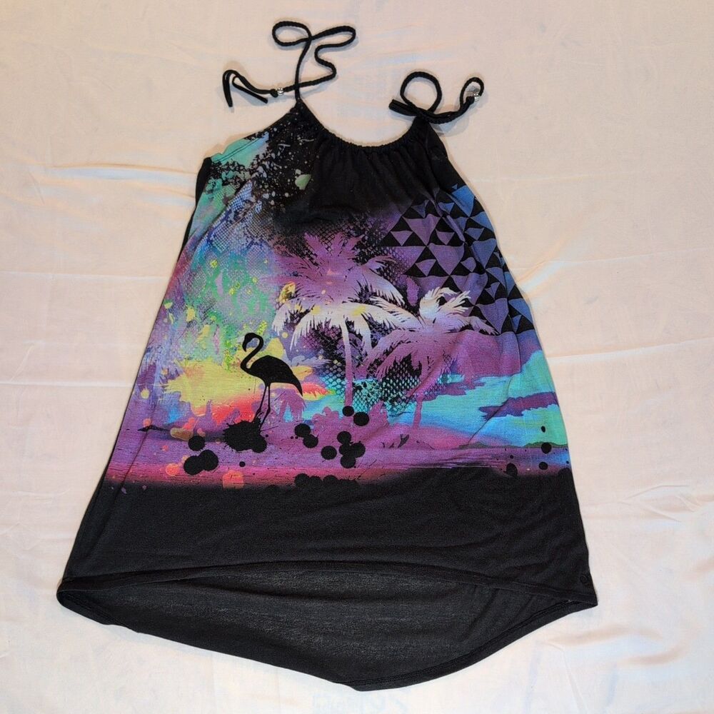 Black Tropical Flamingo Tankini Swim Top Tie Back Y2K Beach Vacation Summer L